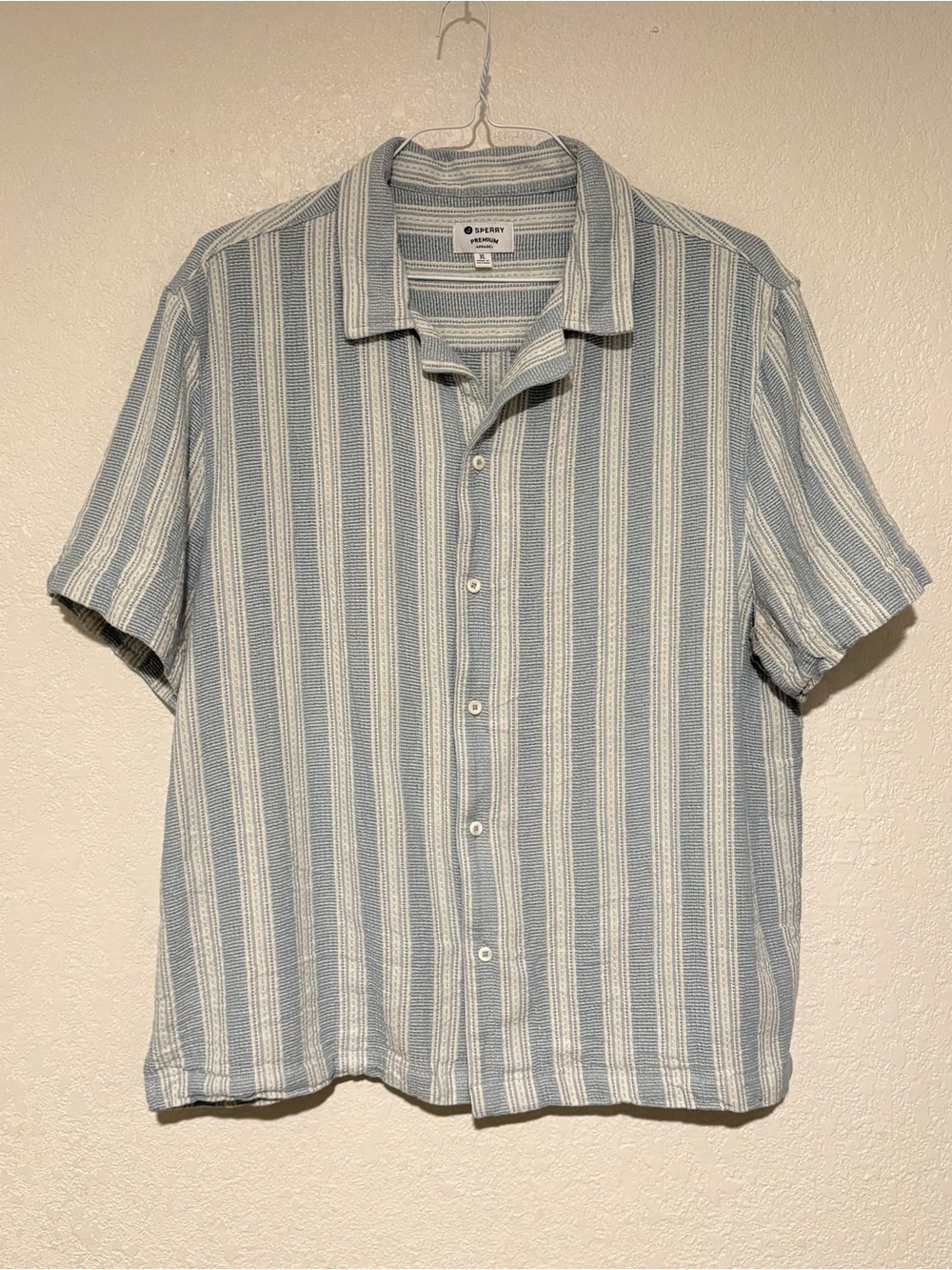 Men Sperry Premium Apparel Short Sleeve Camp Collar Textured Striped Shirt